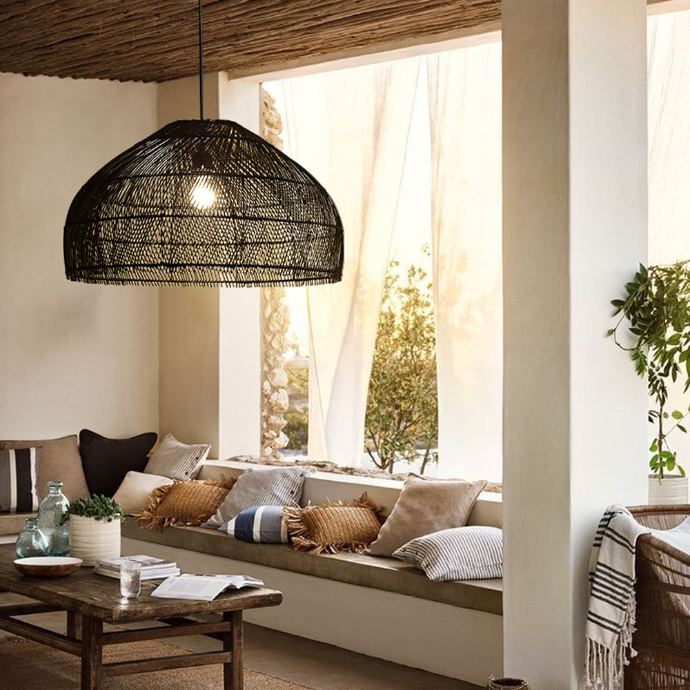 Japanese Log Style Black Bamboo Weaving Chandelier Dining Room Living Room Lamp