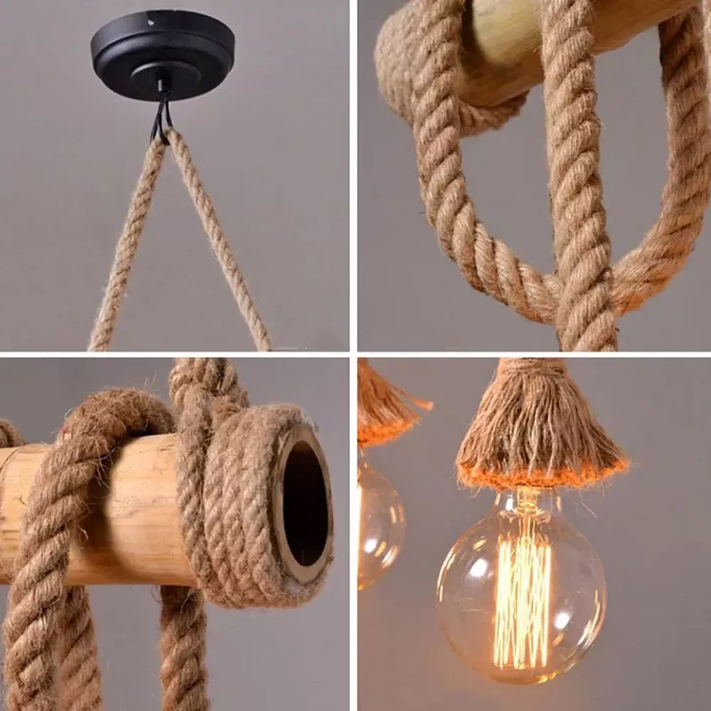 Edison Retro Chandelier Vintage Bamboo Hemp Rope Pendant Lamp