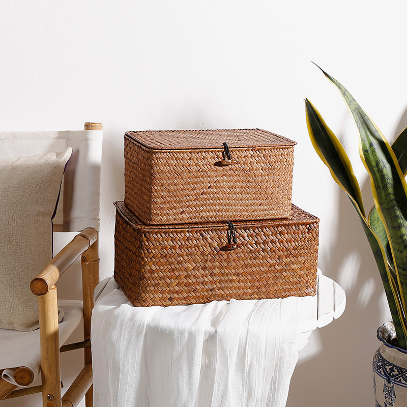 Straw Woven Storage Box Covered Sundries Organizer Ornament Box Storage Basket