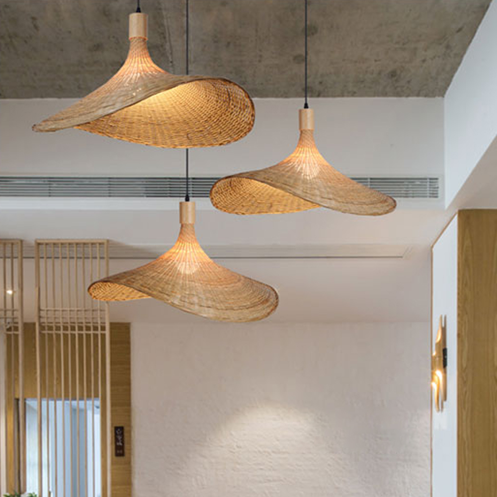 Farmhouse Bamboo Pendant Light Wicker Straw Hat Basket Weave Light Fixture