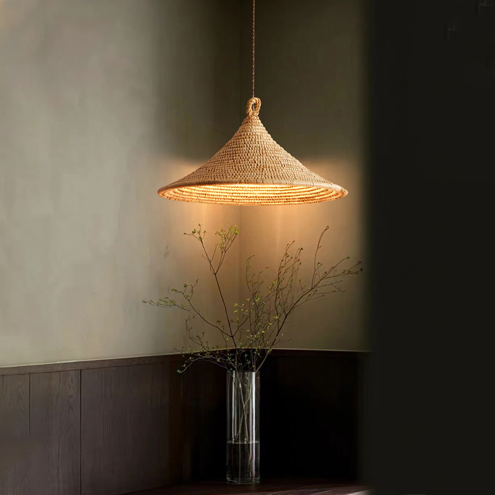 Wabi-sabi Hardwired Rattan Straw Hat Pendant Light Home Decor Lamp