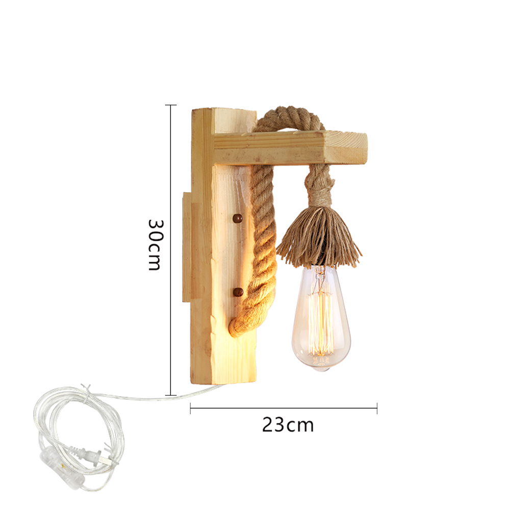 Retro Solid Wood Wall Lamp Industrial Style Hemp Rope Wall Sconce