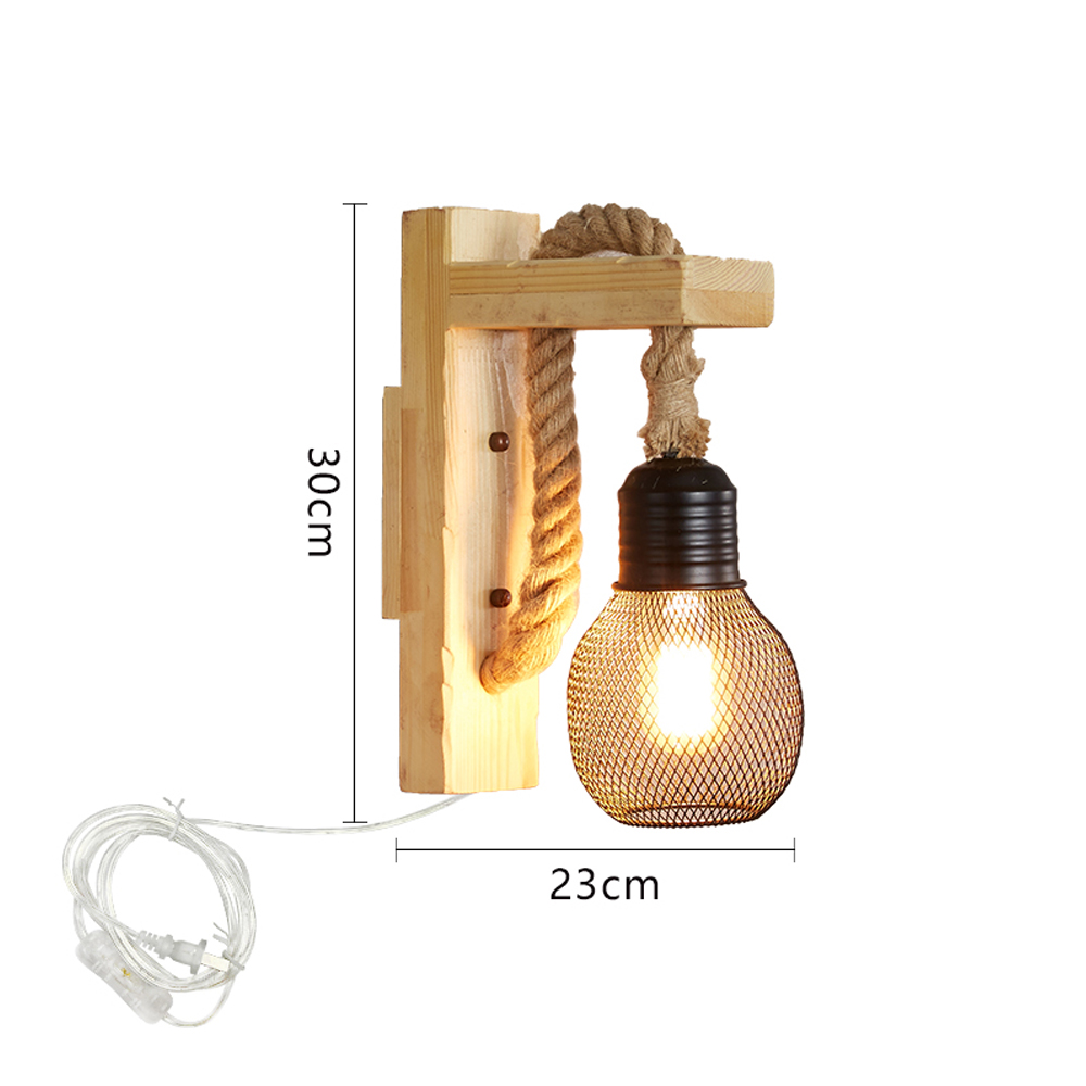 Retro Solid Wood Wall Lamp Industrial Style Hemp Rope Wall Sconce