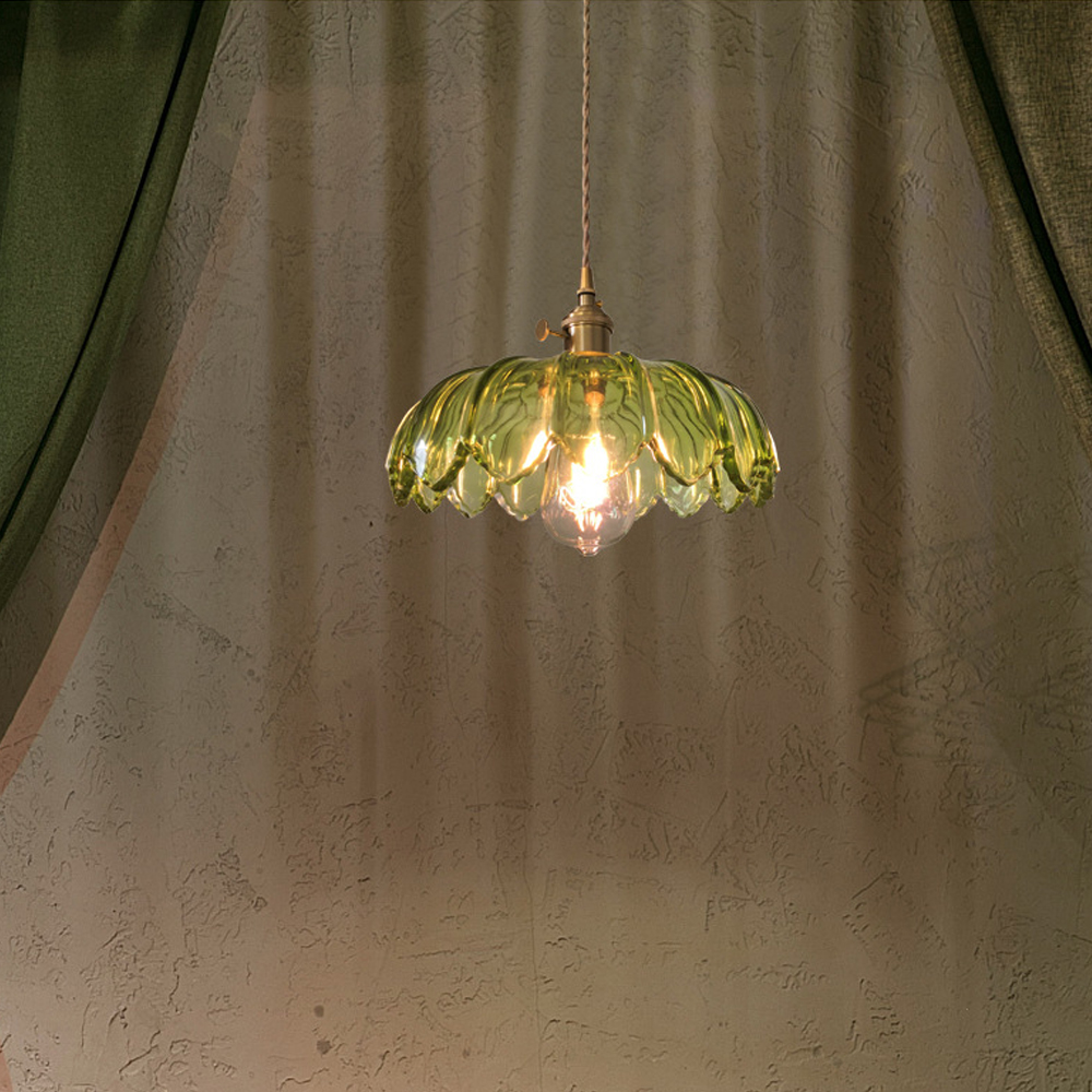 Vintage Green Copper Glass Chandelier Adjustable Pendant Light
