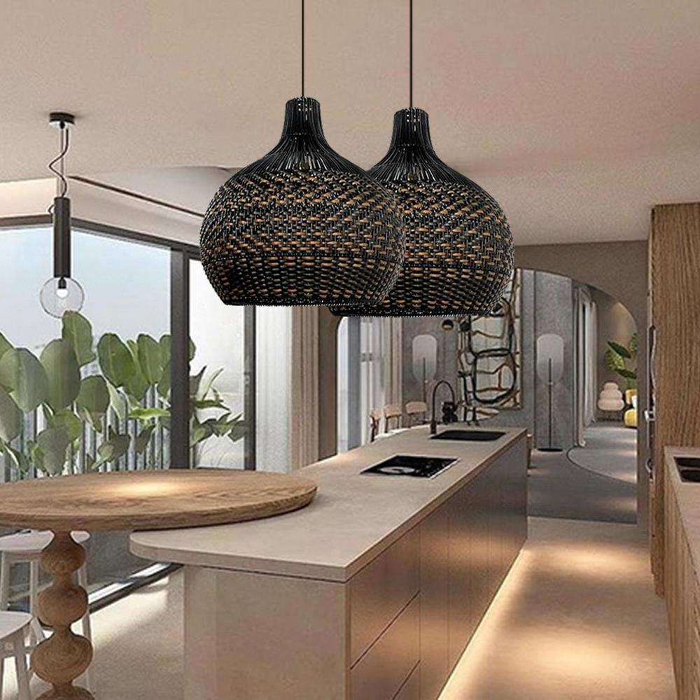 Wabi-sabi Black Rattan Pendant Light For Dining Room Kitchen Island