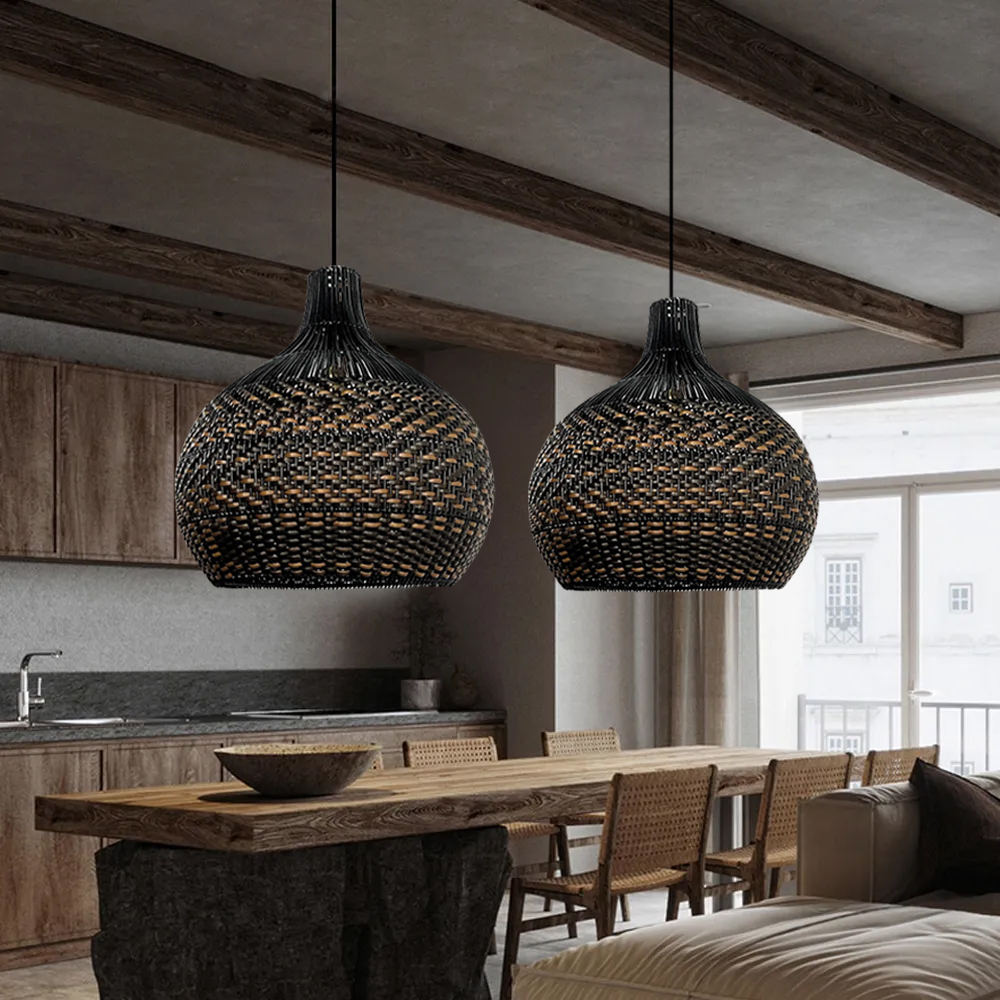 Wabi-sabi Black Rattan Pendant Light For Dining Room Kitchen Island