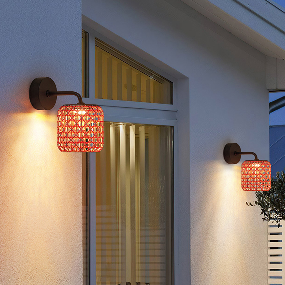 Outdoor Courtyard Lantern Rattan Wall Sconce Waterproof Garden Decor Lamp