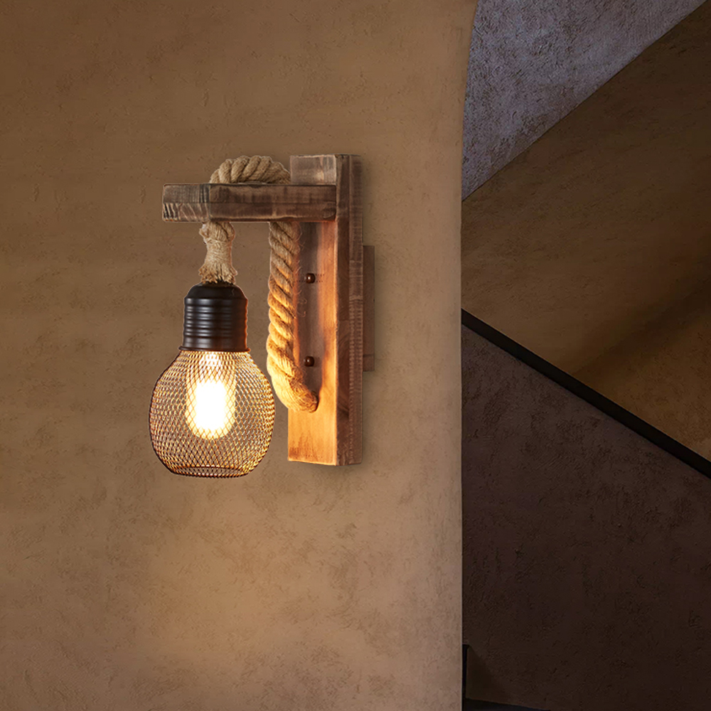 Retro Solid Wood Wall Lamp Industrial Style Hemp Rope Wall Sconce