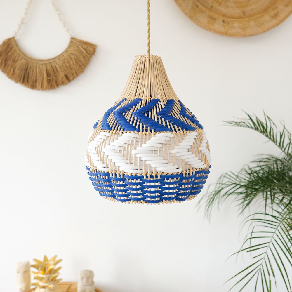 Boho Julia Woven Pendant Light Handmade Rattan Blue Lampshade