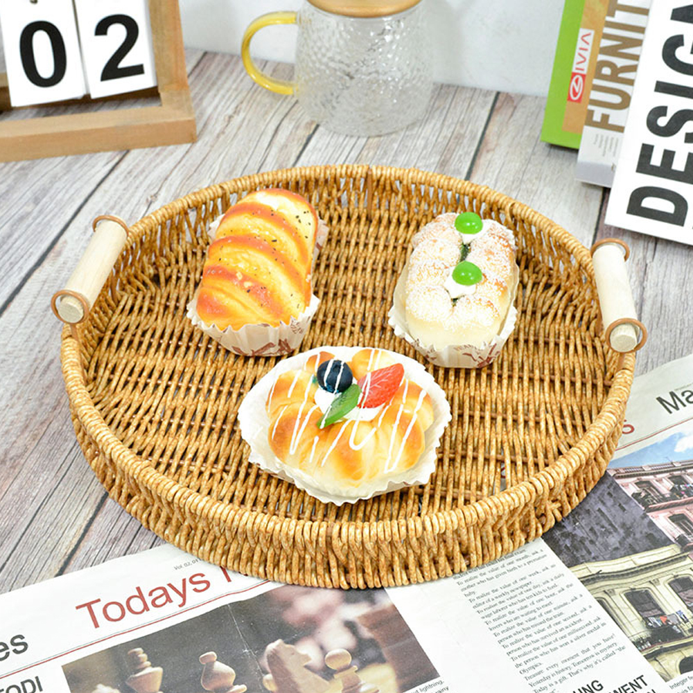 Rattan wicker handwoven dining serving tray platter with handles