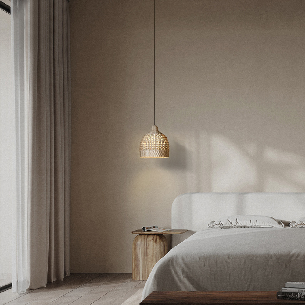 Wabi-sabi Rattan Drum Light Pendant Japanese Retro Bedroom Bedside Chandelier