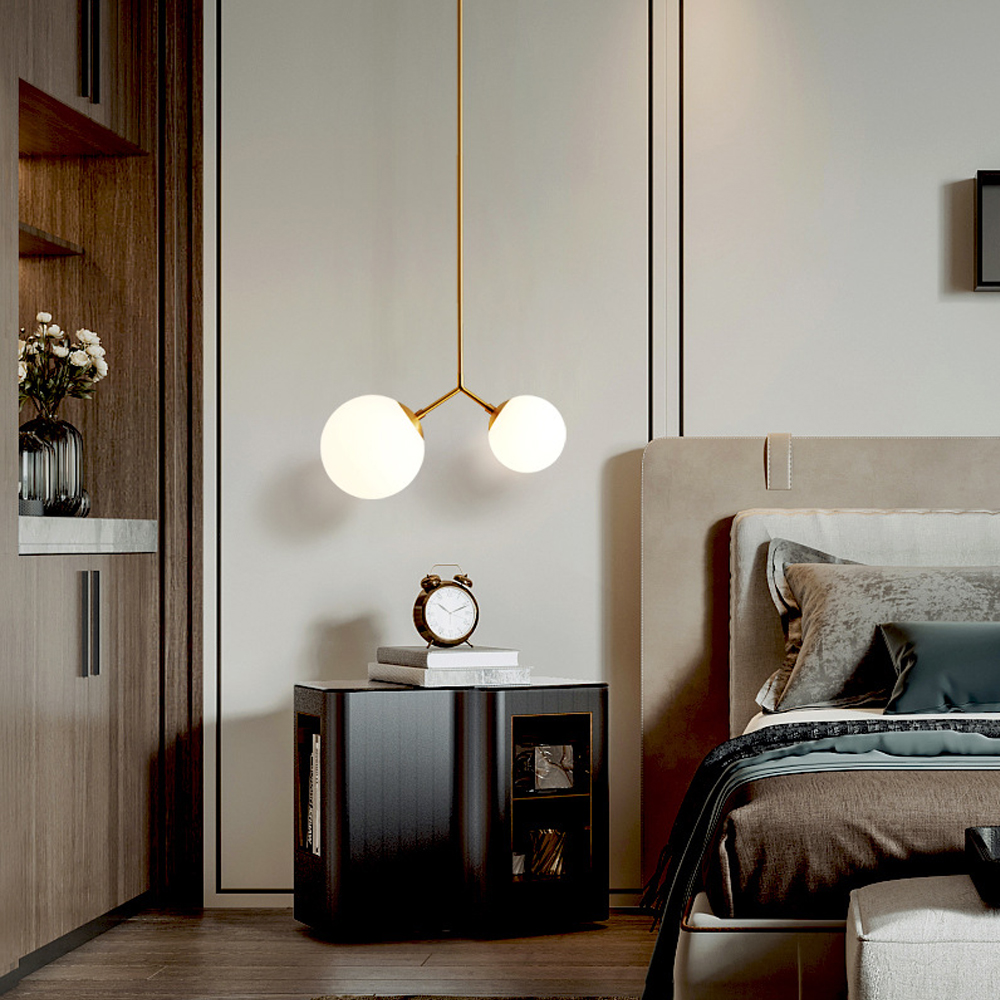 Double-headed Glass Chandelier Nordic Bedroom Bedside Copper Pendant Light