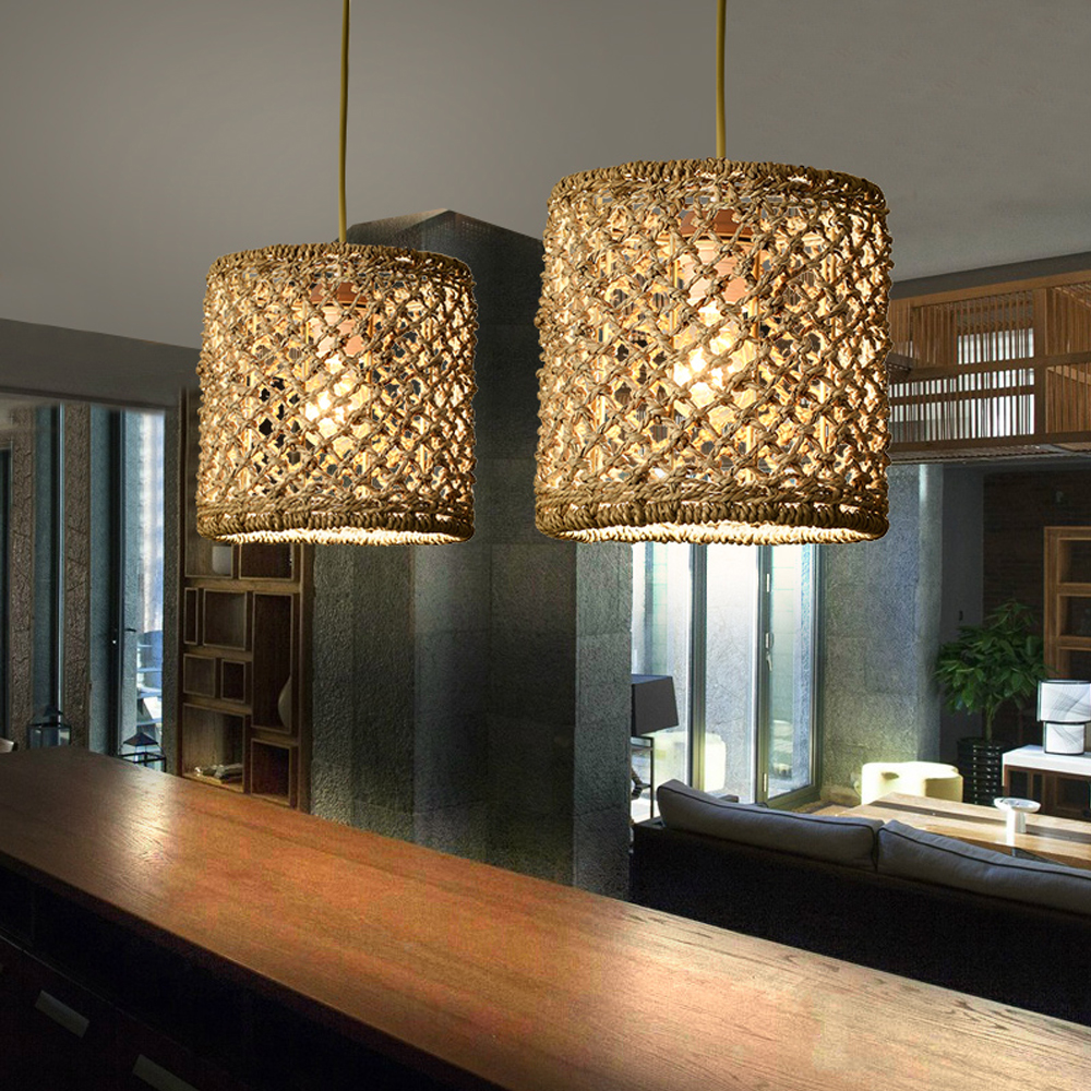 Hand-woven Hollow Rattan Pendant Light Vintage Small Chandelier For Dining Room