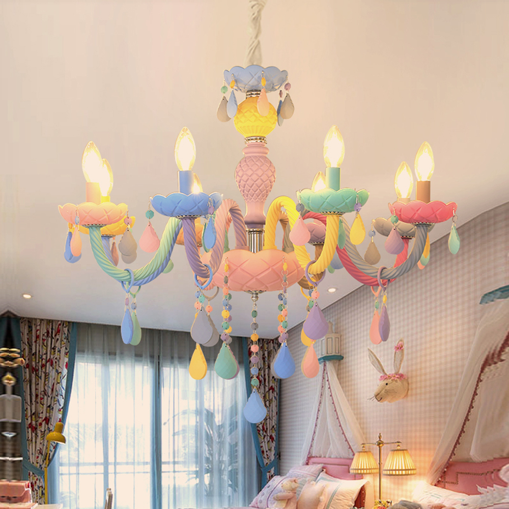 Macaron Crystal Chandelier Nordic Girl Princess Room Candle Pendant Light