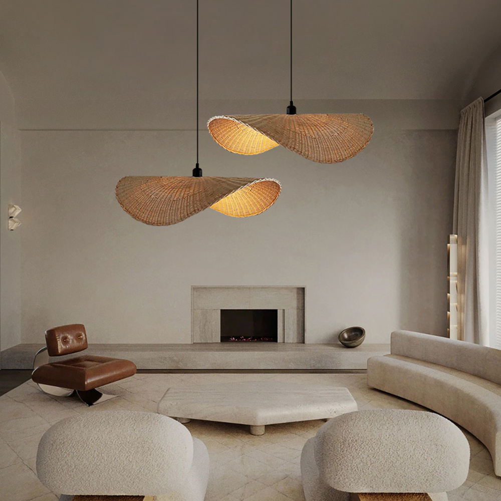 Japanese Rattan Light Pendant Wabi-sabi Retro Straw Hat Chandelier