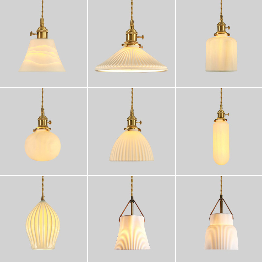 Nordic Luxury Mini Ceramic Pendant Light Japanese Brass Small Chandelier