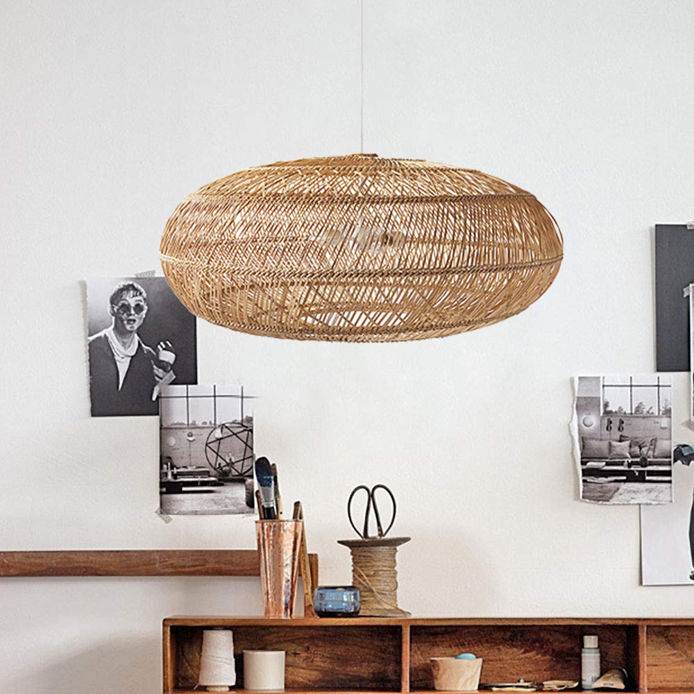 Hand-Woven Rattan Pendant Light Shade Dining Room Hanging Lamp