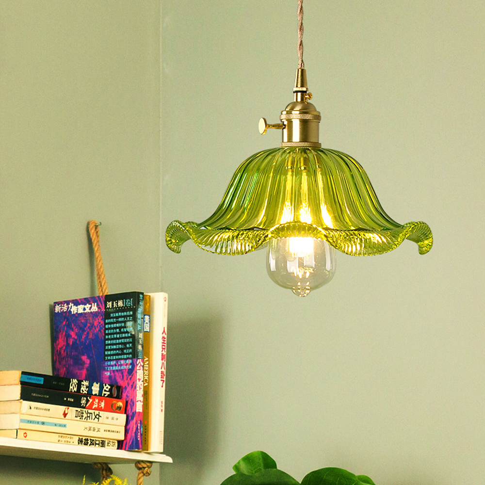 Vintage Green Copper Glass Chandelier Adjustable Pendant Light