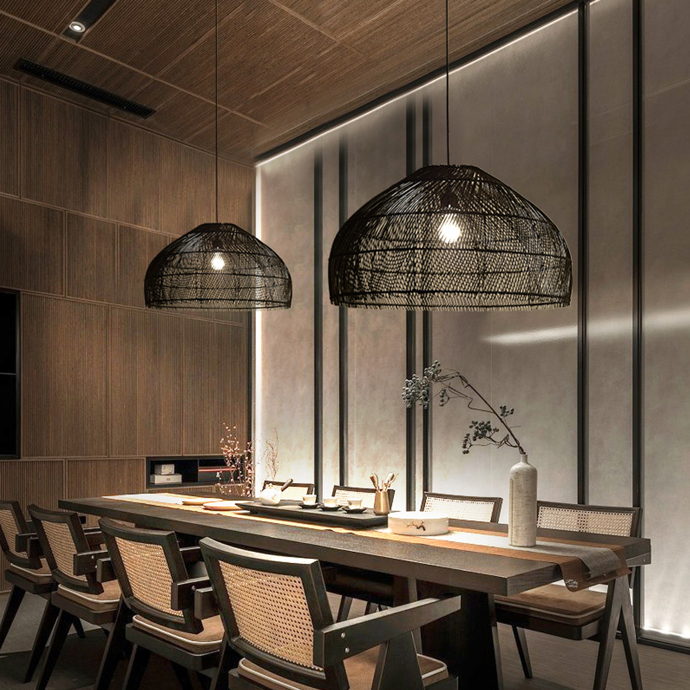 Japanese Log Style Black Bamboo Weaving Chandelier Dining Room Living Room Lamp