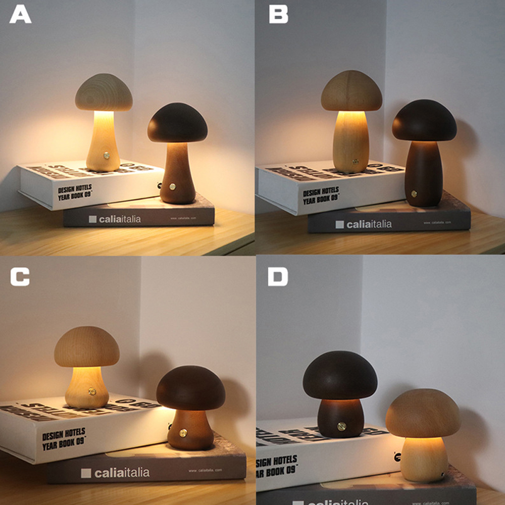 Wooden Mushroom Table Lamp LED Touch Switch Retro Sleeping Night Lamp