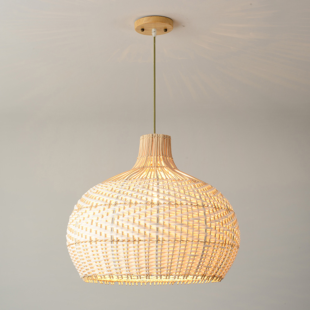 Modern Farmhouse Kitchen Round Drum Pendant Lampshade White Rattan Ceiling Light