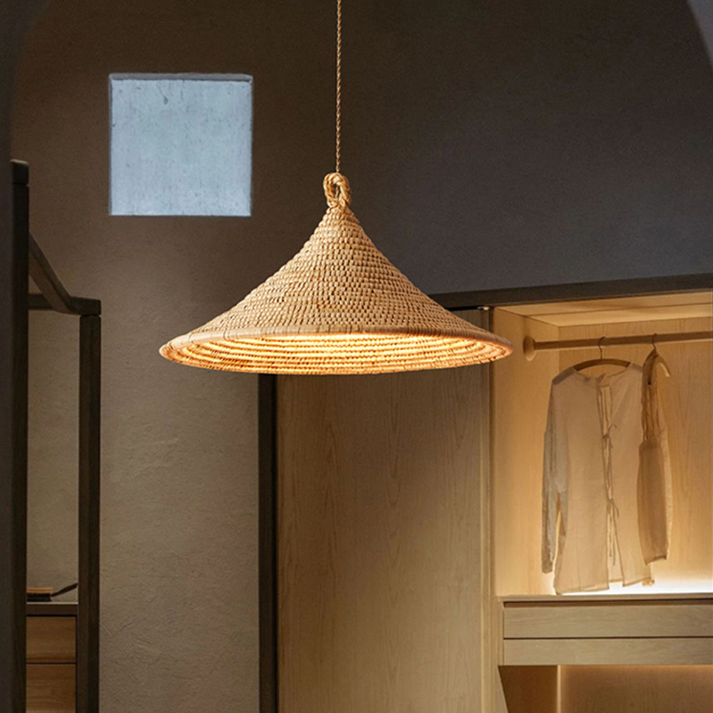 Wabi-sabi Hardwired Rattan Straw Hat Pendant Light Home Decor Lamp