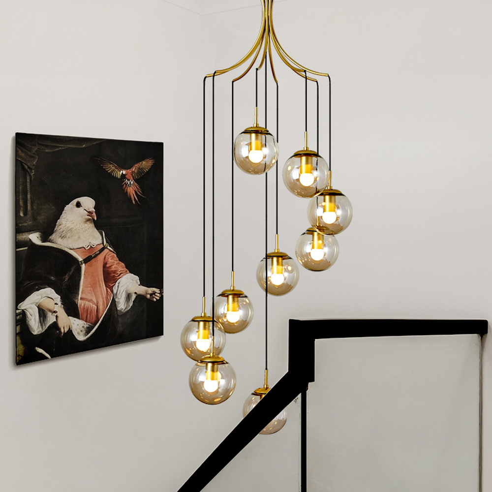 Loft Glass Chandelier Modern Bubble Brass Long Metal Pendant Light