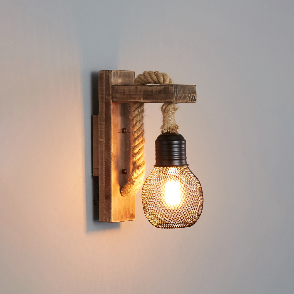 Retro Solid Wood Wall Lamp Industrial Style Hemp Rope Wall Sconce