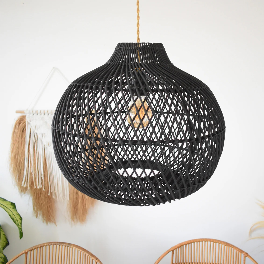 Boho Black Pendant Light Handmade Wicker Rattan Lampshade