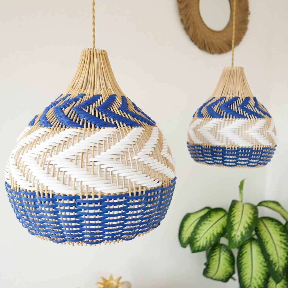 Boho Julia Woven Pendant Light Handmade Rattan Blue Lampshade