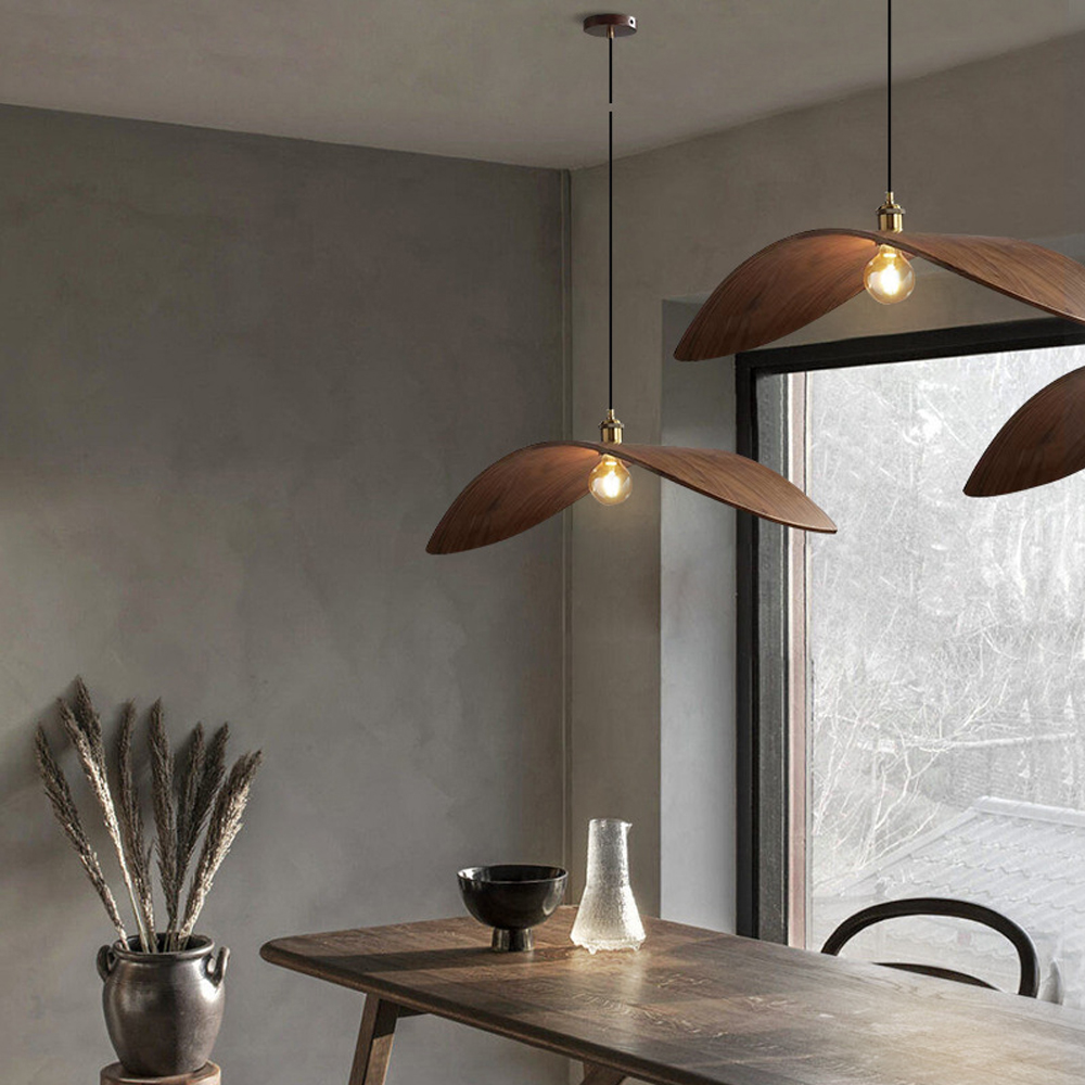 Wabi-Sabi Walnut Chandelier Leaf Shape Wooden Pendant Light