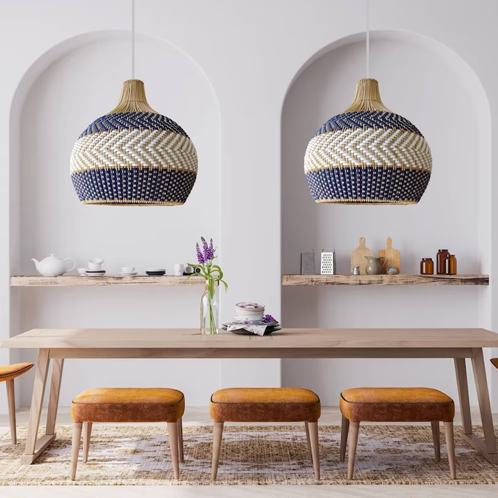Serena Blue Rattan Pendant Light Handwoven Lampshade