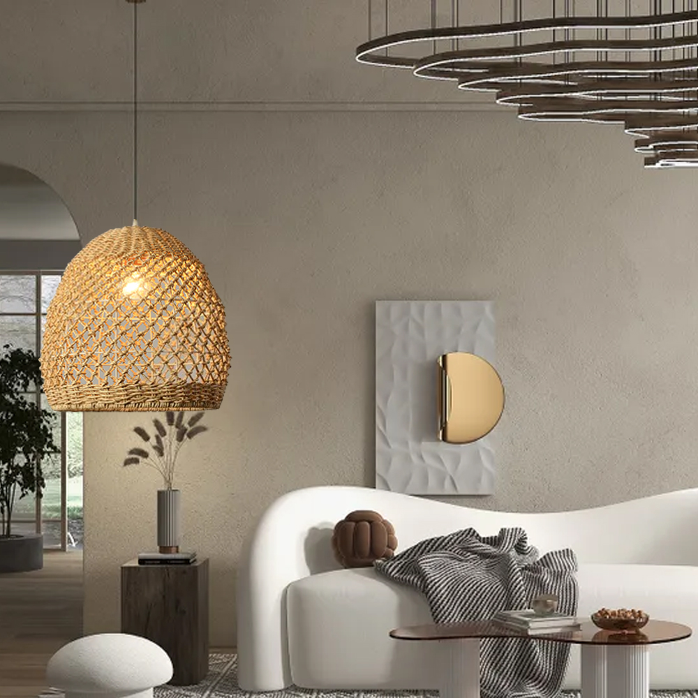 Wabi Sabi Style Designer Rattan Dining Room Pendant Chandelier Retro Lamps