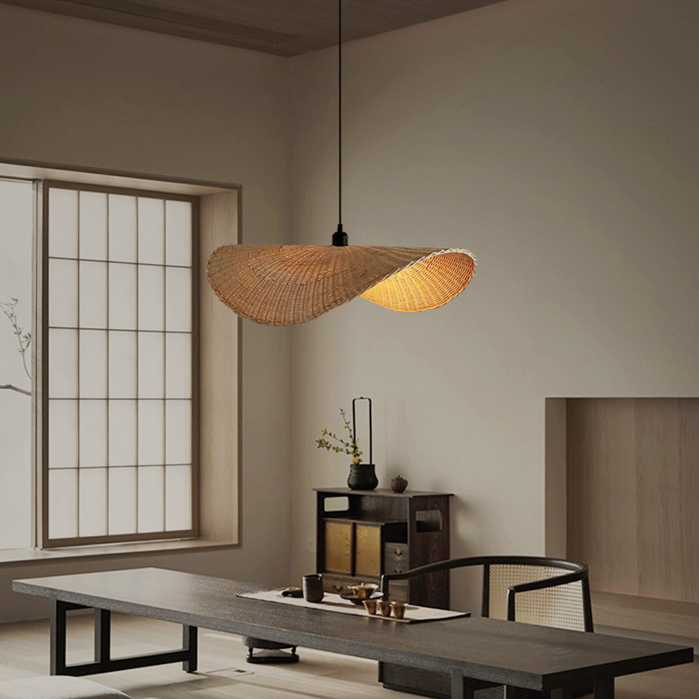 Japanese Rattan Light Pendant Wabi-sabi Retro Straw Hat Chandelier