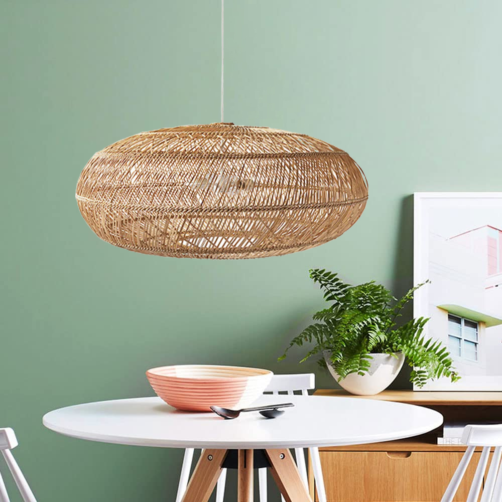 Hand-Woven Rattan Pendant Light Shade Dining Room Hanging Lamp
