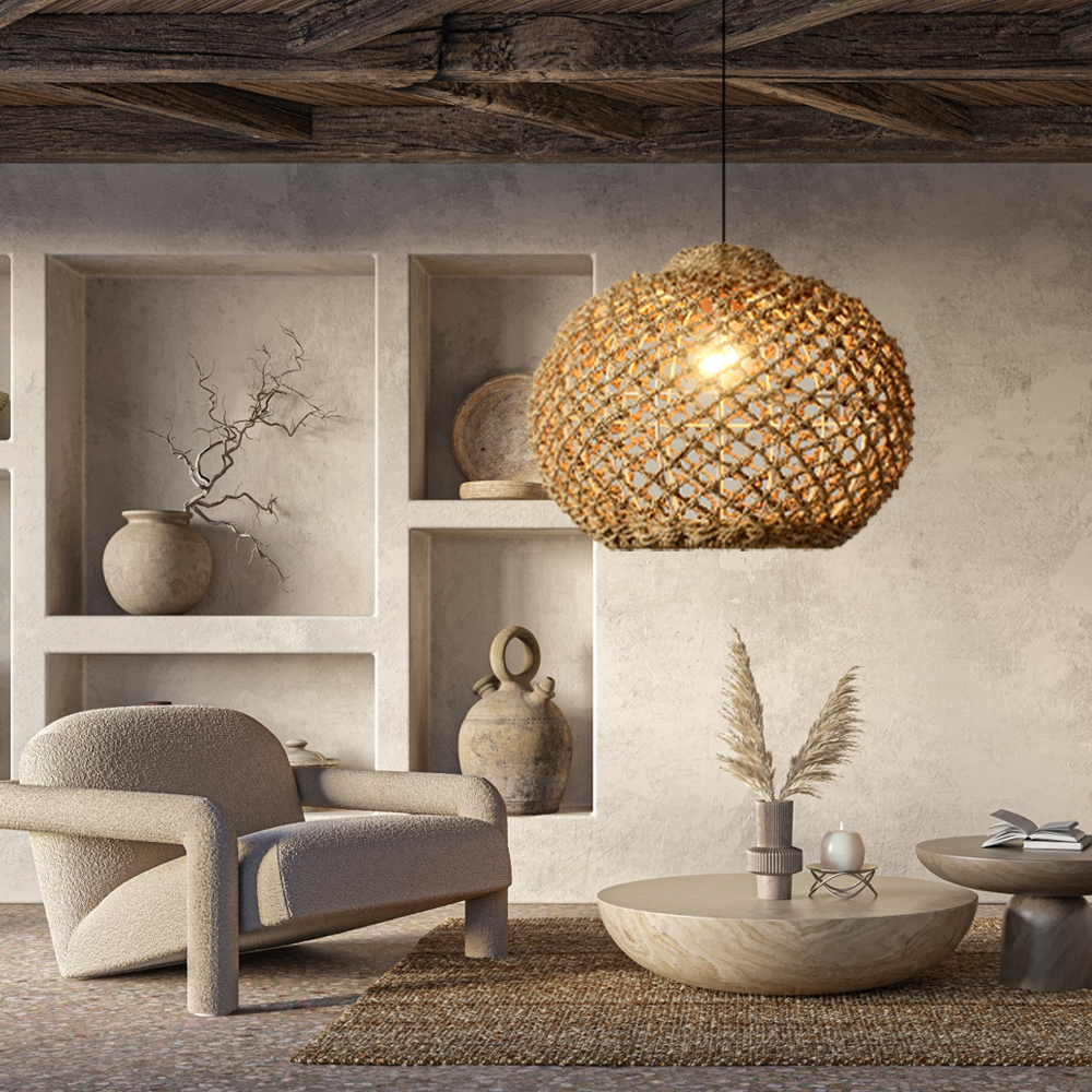 Rustic Rattan Pendant Lights Wabi-sabi Dining Room Chandelier