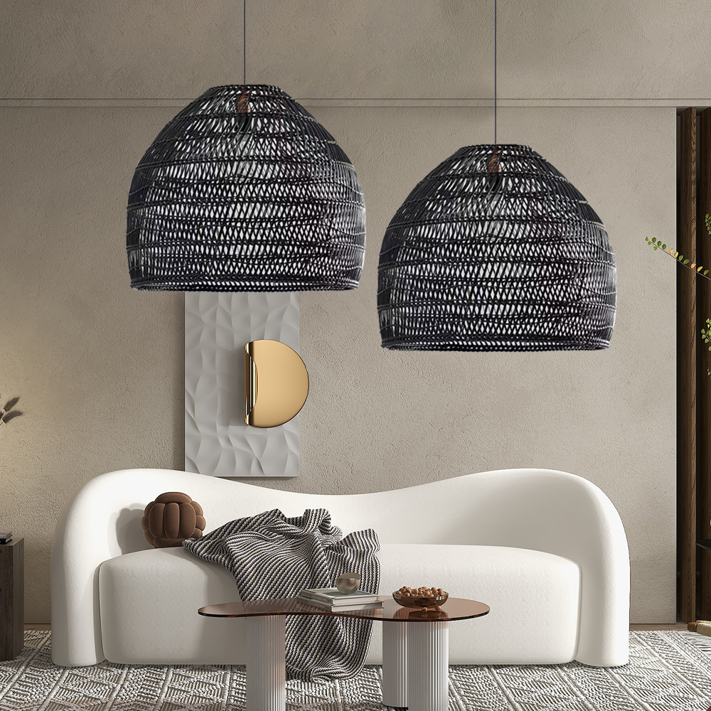 Wabi-Sabi Style Living Room Rattan Pendant Light Black Chandelier