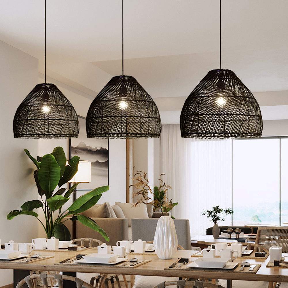 Japanese Log Style Black Bamboo Weaving Chandelier Dining Room Living Room Lamp