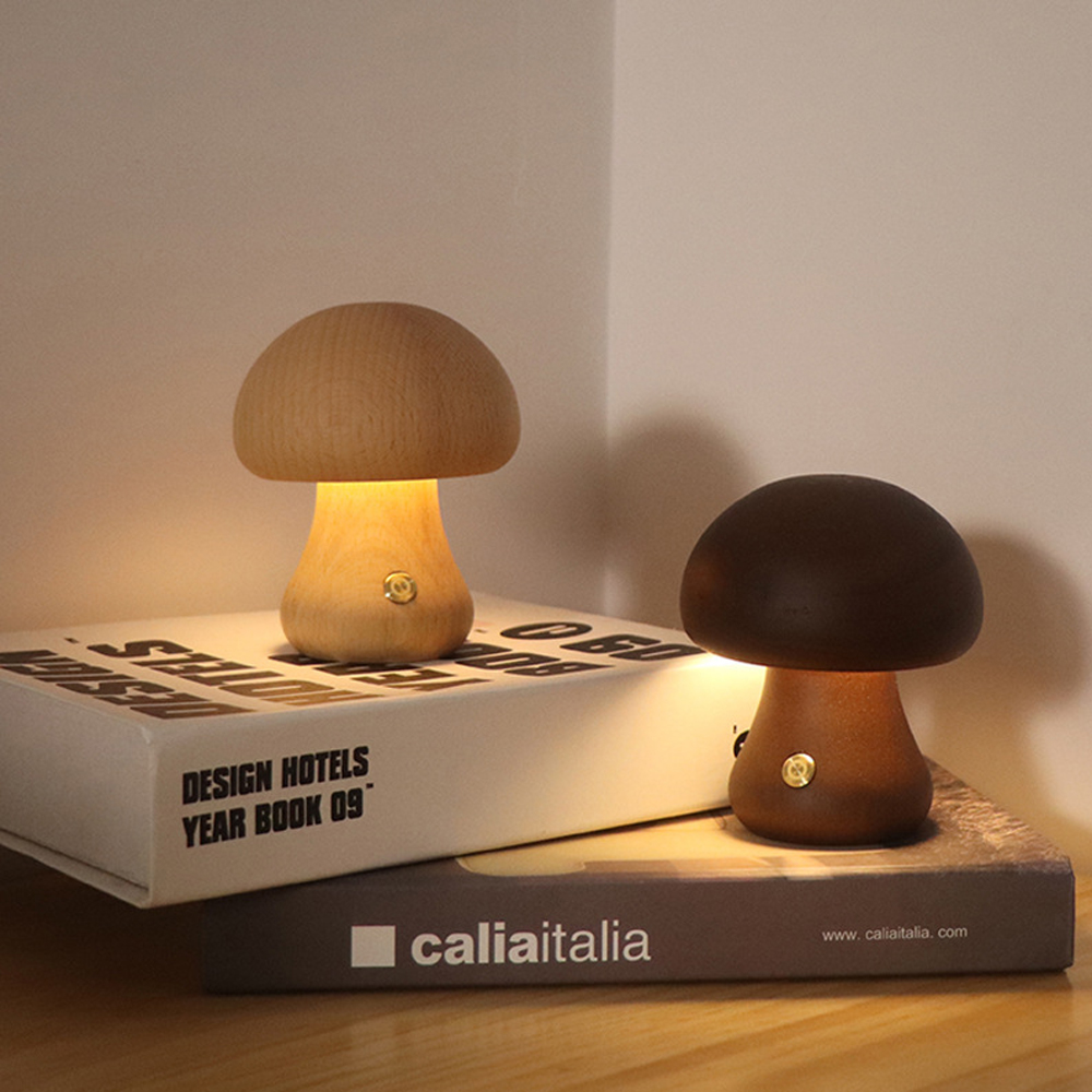 Wooden Mushroom Table Lamp LED Touch Switch Retro Sleeping Night Lamp