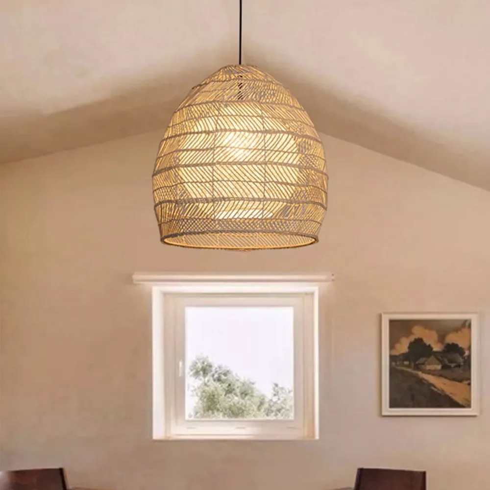 Bohemian Rattan Wicker Ceiling Light Moon-shape Ambient Light For Bedroom