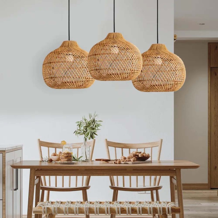 BohoRattan Chandelier Japandi Rustic Braided Basket Dining Room Light