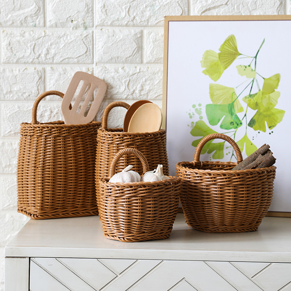 Nordic woven basket kitchen storage basket retro wall hanging basket portable small flower basket kitchen utensils hanging basket
