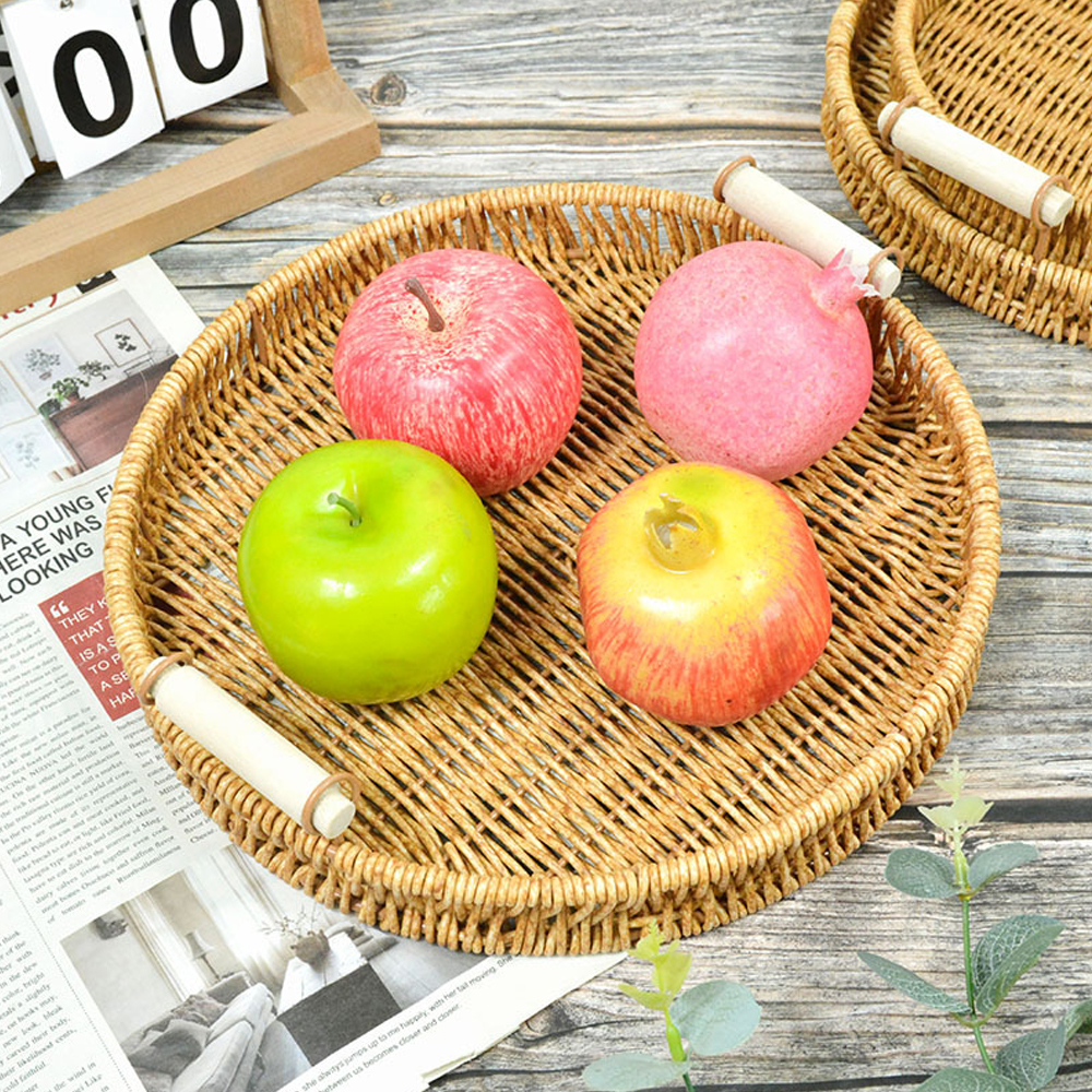 Rattan wicker handwoven dining serving tray platter with handles