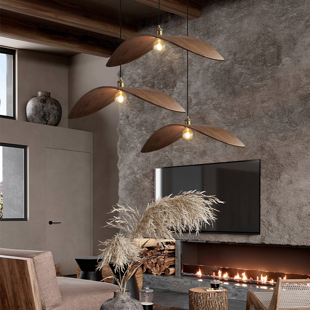 Wabi-Sabi Walnut Chandelier Leaf Shape Wooden Pendant Light