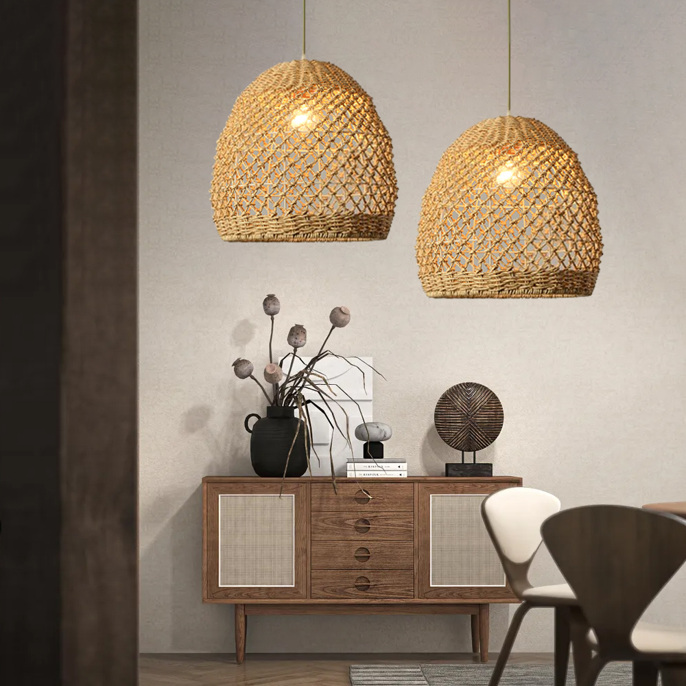 Wabi Sabi Style Designer Rattan Dining Room Pendant Chandelier Retro Lamps