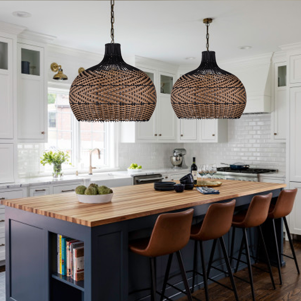 Hand-Woven Black Rattan Light Fixture Minimalism Rattan Ceiling Light
