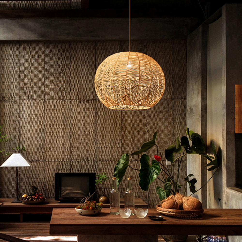 Japanese Bamboo Rattan Pendant Light Wabi-sabi Hand Woven Lampshade