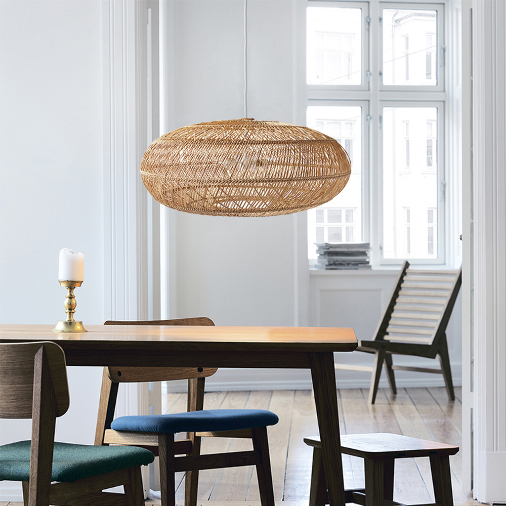 Hand-Woven Rattan Pendant Light Shade Dining Room Hanging Lamp