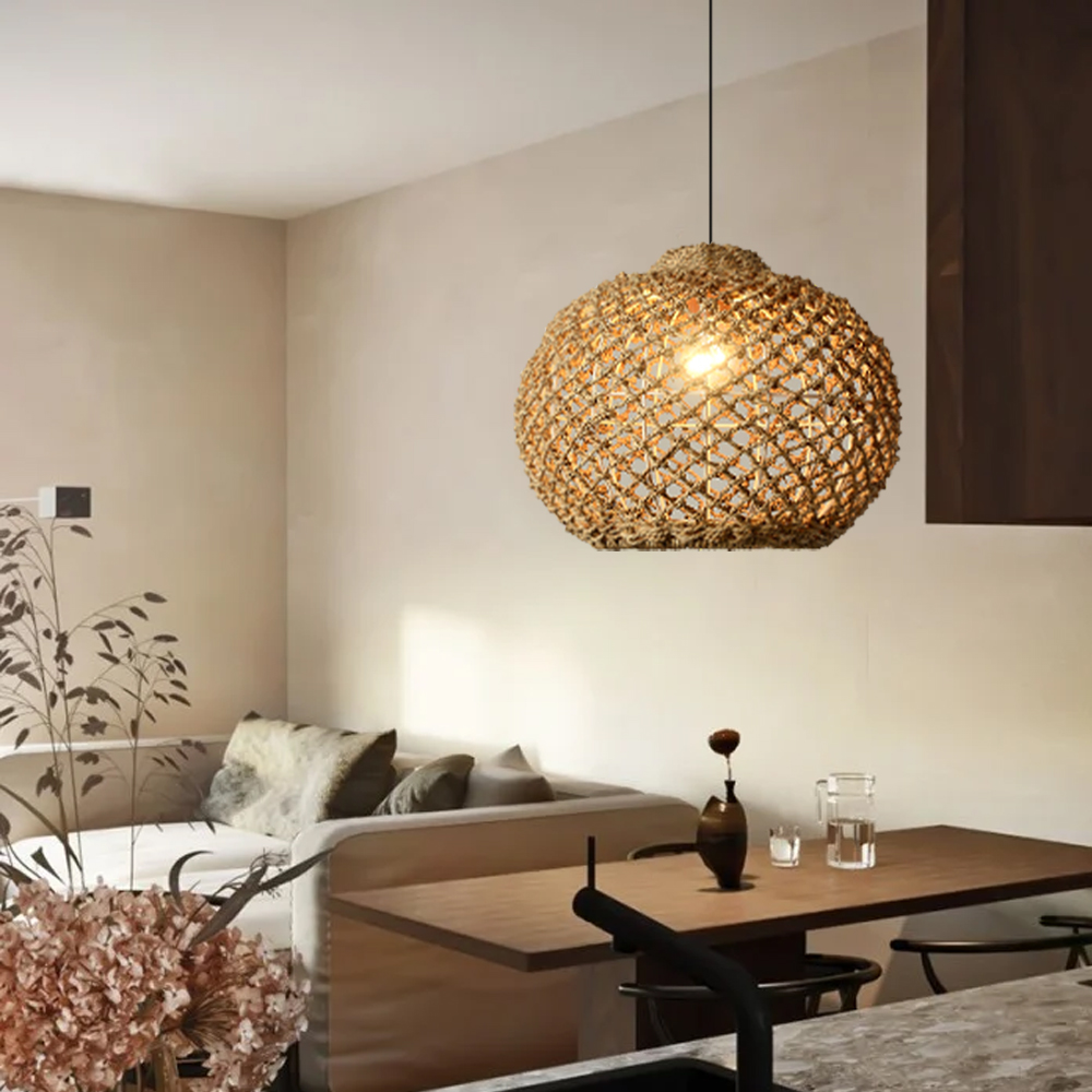 Rustic Rattan Pendant Lights Wabi-sabi Dining Room Chandelier