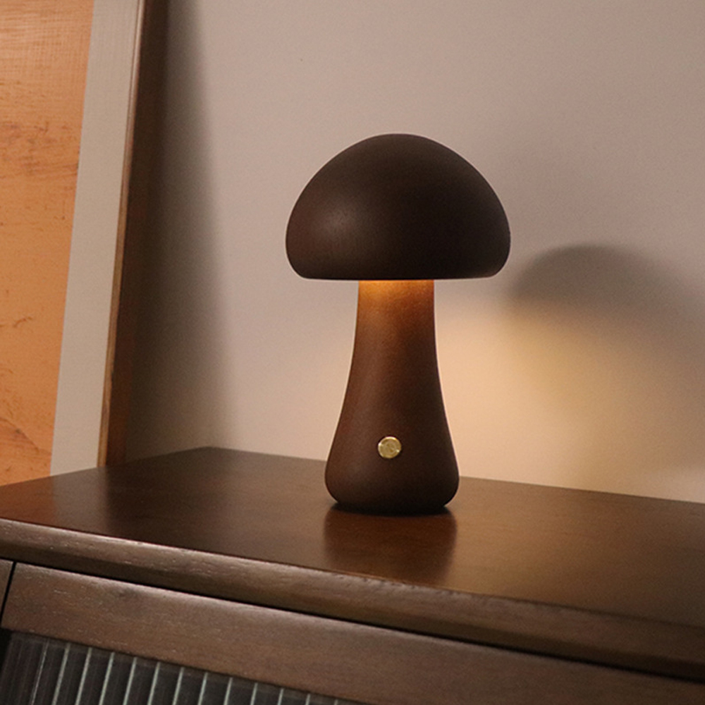 Wooden Mushroom Table Lamp LED Touch Switch Retro Sleeping Night Lamp